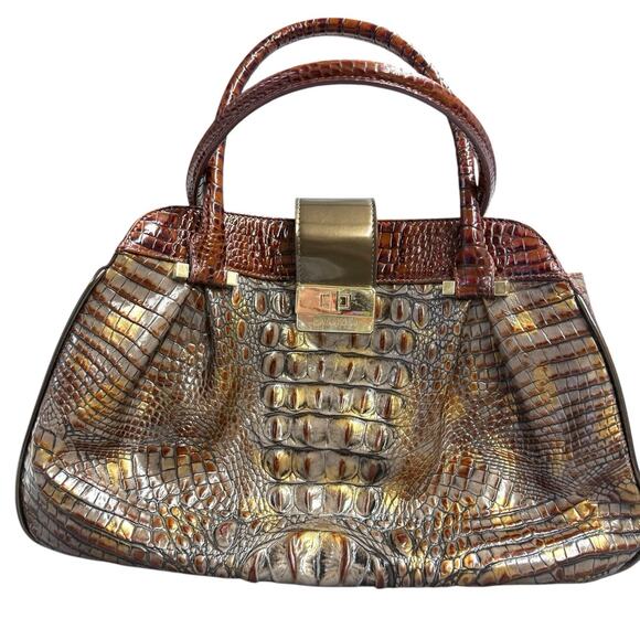 Brahmin Pecan Crocodile Embossed Leather Dual Handle Shoulder Bag Dr Satchel Vtg - Picture 6 of 9